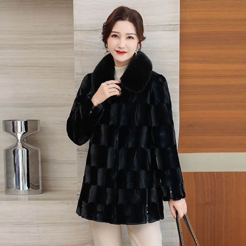 Elegance Imitation Mink Fur Coat for Middle-Aged Women, High-End Thicken Warm Loose Outcoat, Mid-Length Fashion Casual Outwear