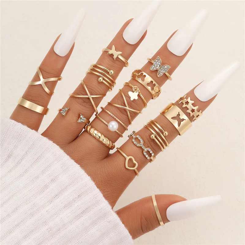 Ring Set For Women Bohemian Vintage Heart Geometric Gold Color