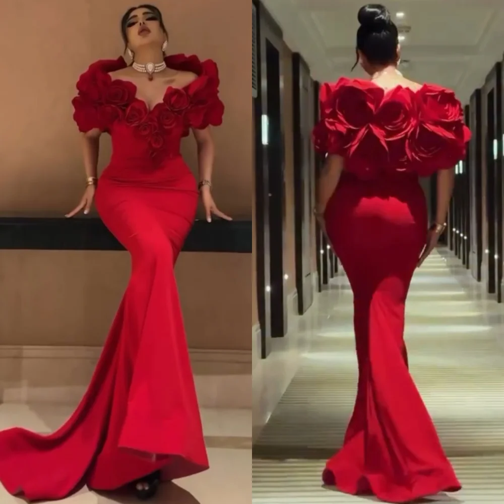 Customized High Quality Jersey Flower Pleat Trumpet Off-the-shoulder Long Dresses Bespoke Occasion Matching