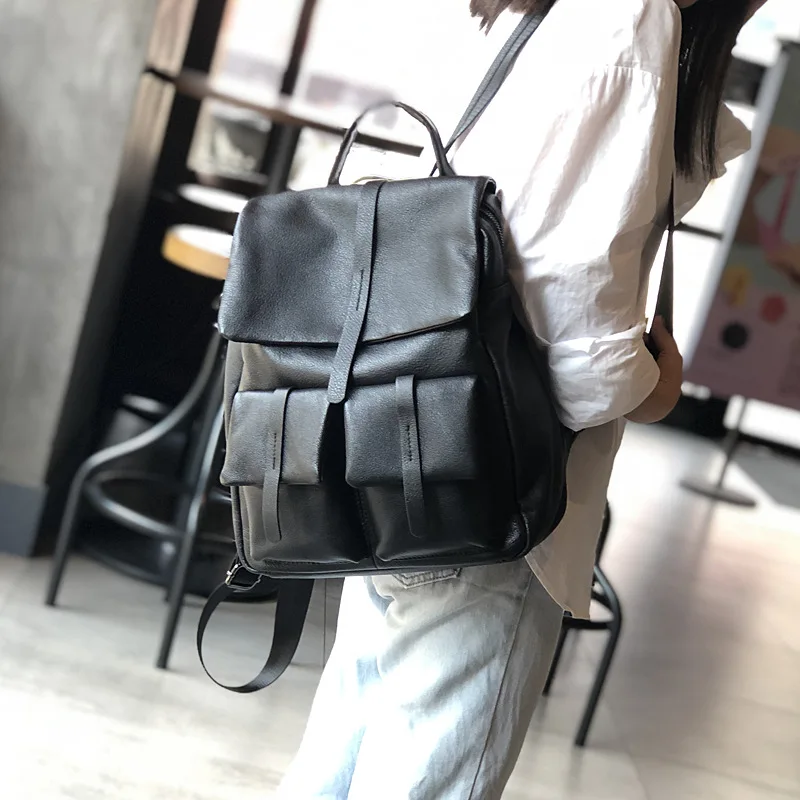 2023 Solid Color Large Bag Simple Casual Men's and Women's Universal First Layer Cowhide Backpack Travel Backpack