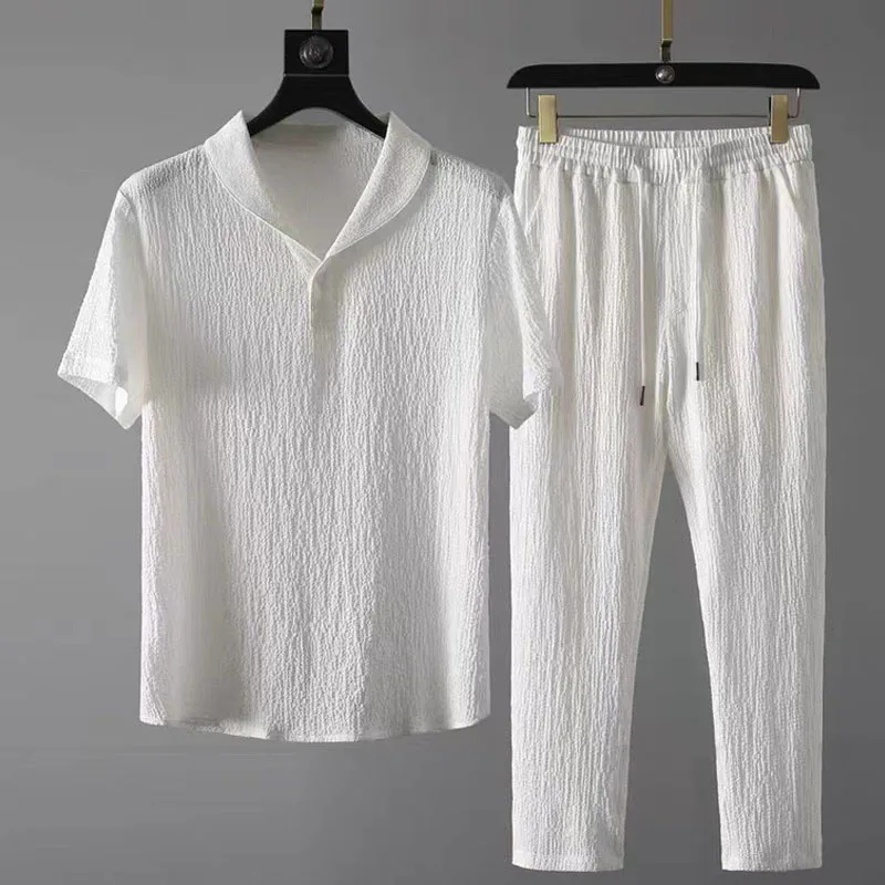 Summer Fashion Men New Pleated Pure Cotton Casual Motion 2024Comfortable Breathable Lapel Collar Short Sleeved Two Piece Set
