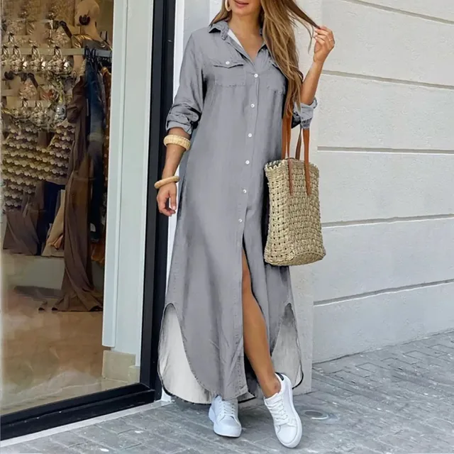 Cardigan Dress Casual Irregular Women Maxi Dress Summer Solid V-Neck Long Sleeve 3