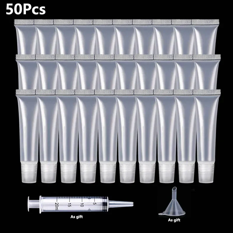 50Pcs 8/10/15g Empty Soft Lip Gloss Tube Transparent Lip Balm Squeeze Bottle Refillable Face Cream Container With Funnel Syringe wholesale 1ml 3ml 5ml luer lock syringe with measurement mark tip for cbd oils ejuices liquids chemical gray piston 100set