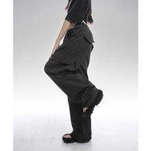 High Street Grey Drawstring Cargo Pants Fashion Pocket Thin Straight Mopping Pants Casual Baggy Wide Leg Trouser Ladies Summer