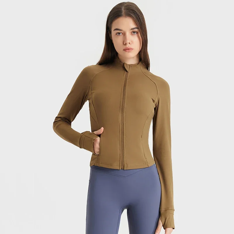 

With LogoWomen's Yoga Jacket lul Solid Color Long sleeved Open Umbilical Top Running Training Zipper Coat Sportswear