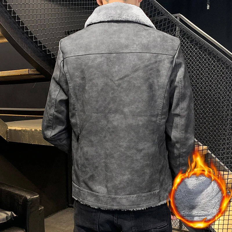 2023 Winter New Men Suede Fur Integrated Jacket Men Fashion Polo Collar Slim-Fit Short Thicken Warm Large Size Motorcycle Jacket