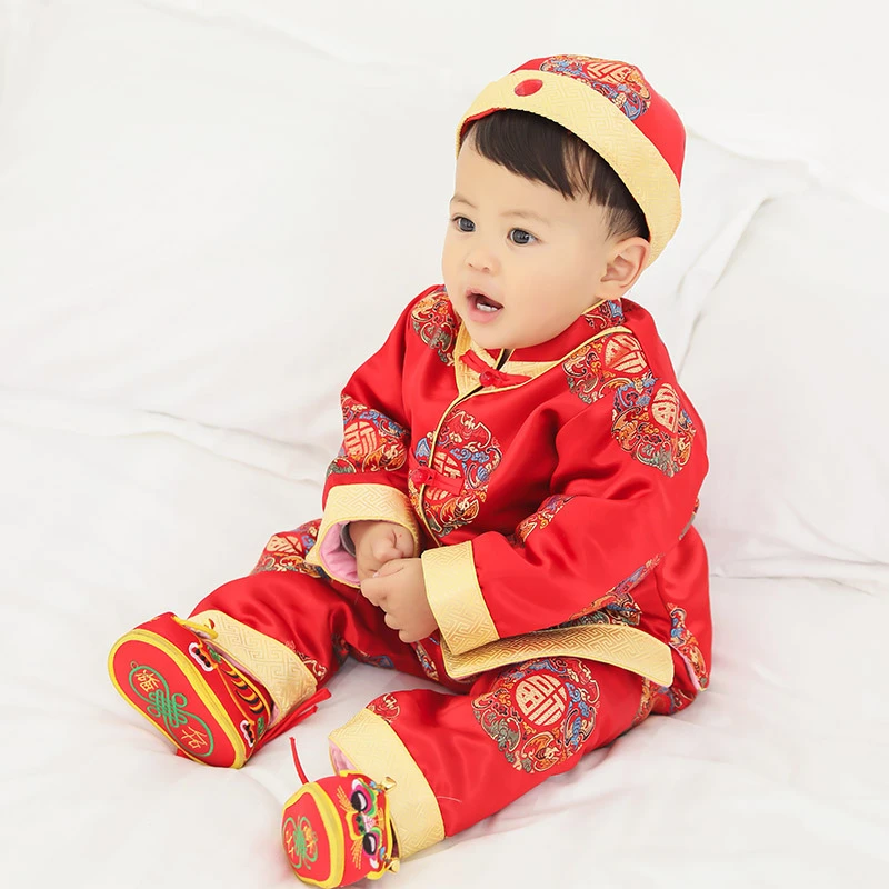 2022 Baby Tang Suit New Year 3-Piece Set for Baby One Year Old Full Moon Dress Birthday Party Exquisite Jacquard Embroidery