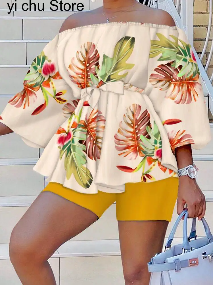 

New Three Quarter Puff Sleeve Top Shorts Set Women Summer Streetwear Beach Two Piece Set Lady Casual Loose Shorts Holiday Outfit