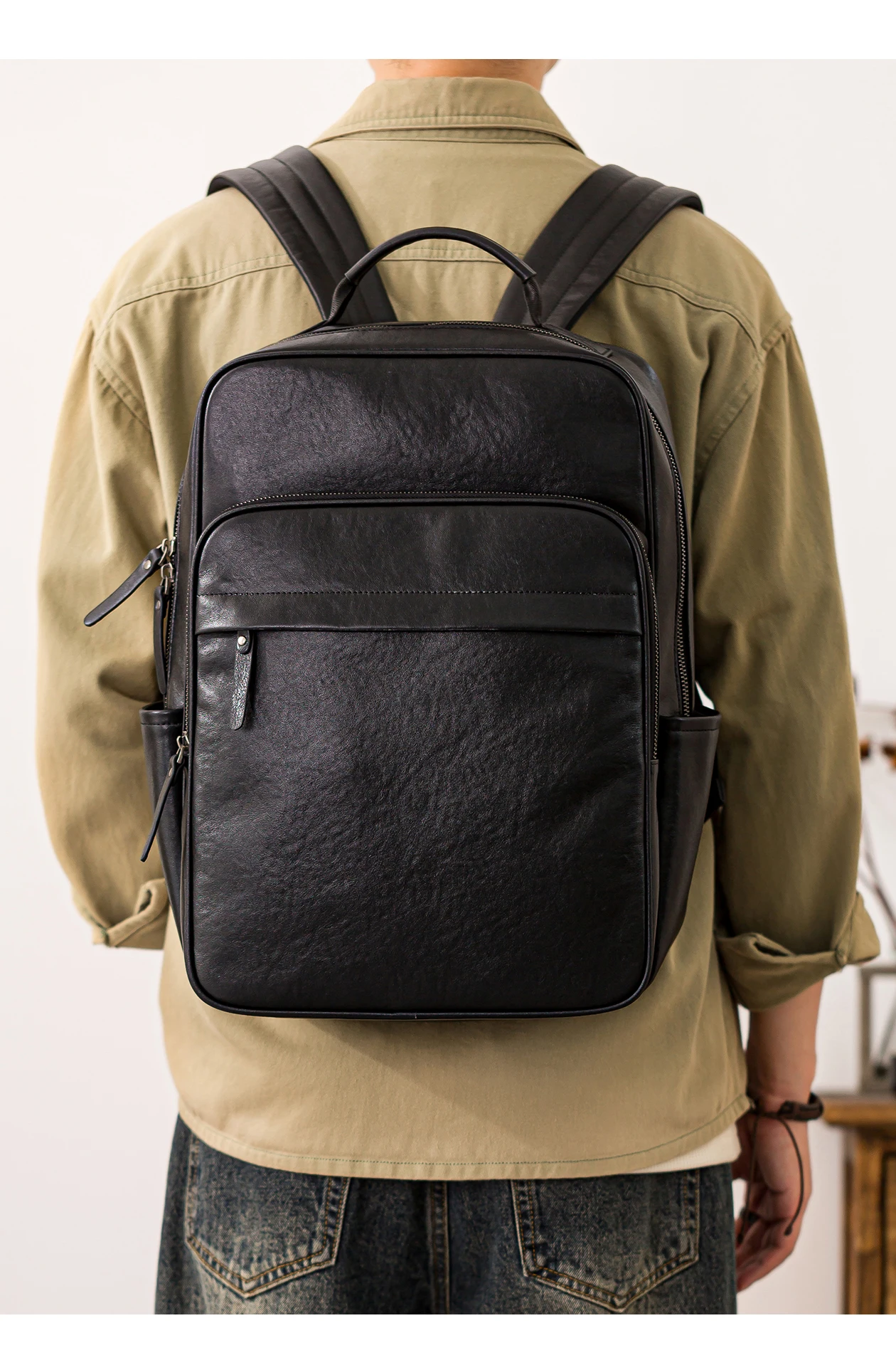 PNDME Outdoor-Reise-Luxus-Laptop-Rucksack aus echtem Leder für Herren, schlicht, lässig, Designer, handgefertigt, Rindsleder, schwarze Büchertasche – Detail 6