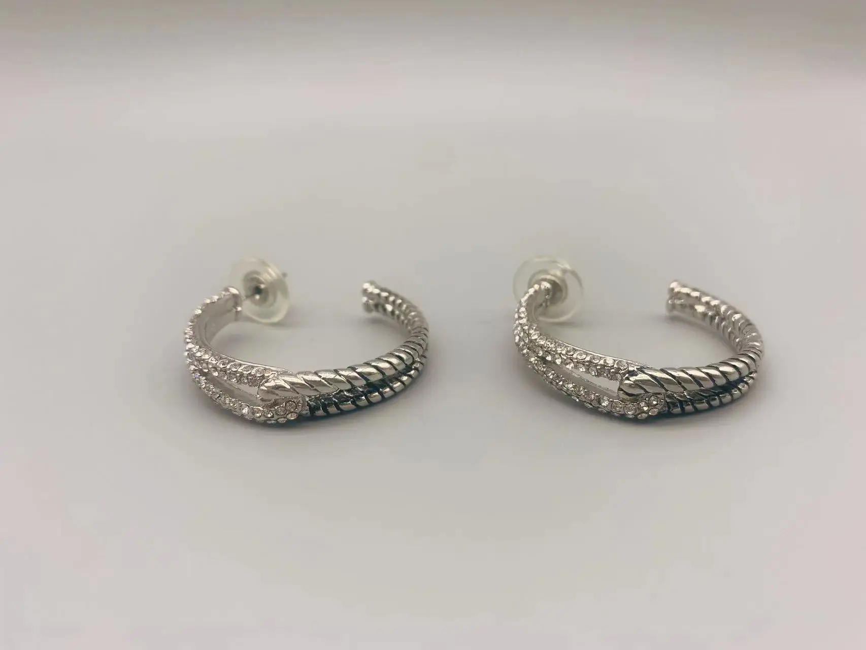 

Le Han Jewelry Silver Crossover And Plane Mixed Hoop Earrings With Clear Cubic Zirconia 35MM