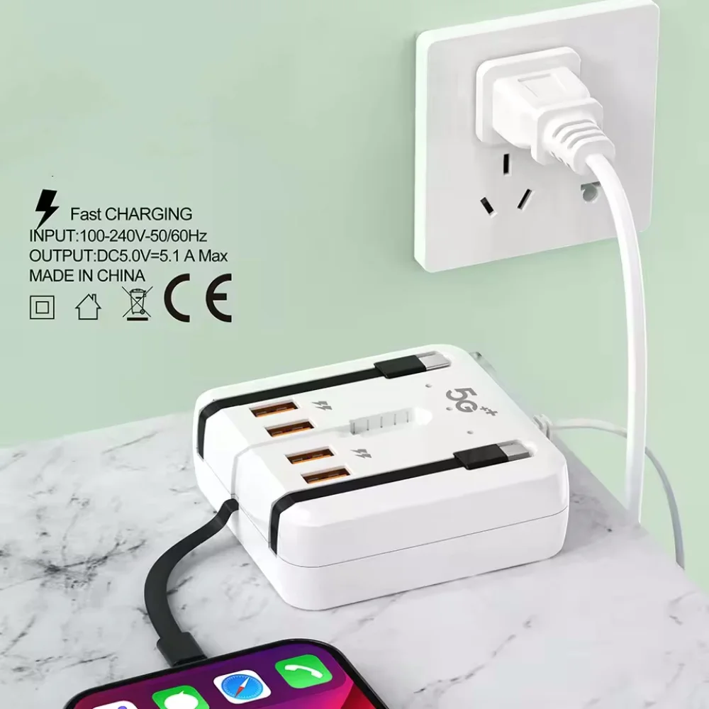 High-Speed 4-Port USB-C PD Charging Station with Integrated Power Strip and Cables