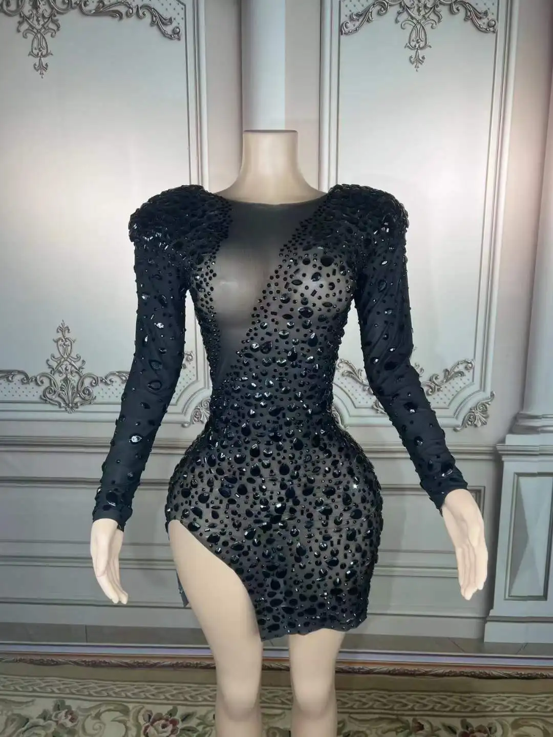 

Long Sleeve Rhinestone Short Mini Dress Women Shinning Drag Queen Outfit Singer Dancer Stage Wear Sexy Performance Las Vegas