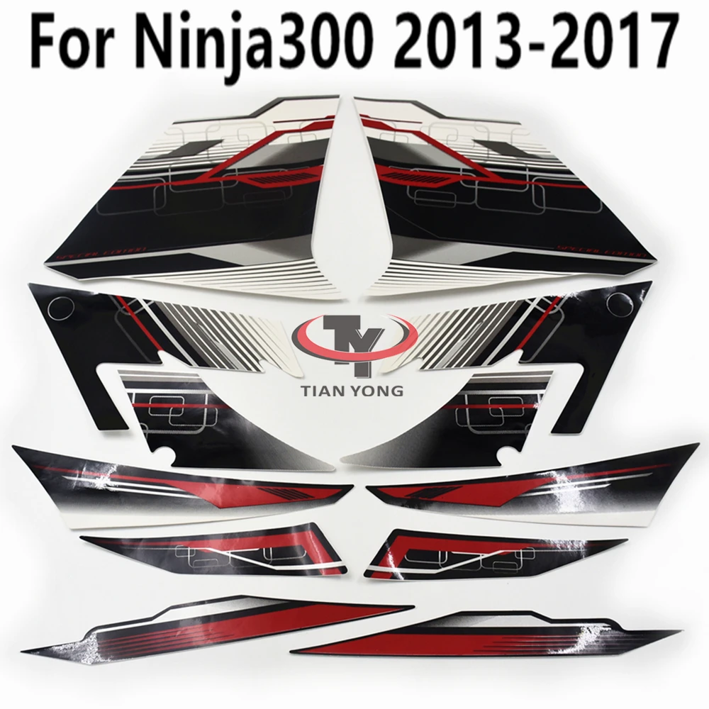 

Набор наклеек для кузова для мотоцикла Ninja300 2013-2017, наклейки с шелкографией, аппликация с жемчужинами, белого, красного, черного цветов, геометрический дизайн