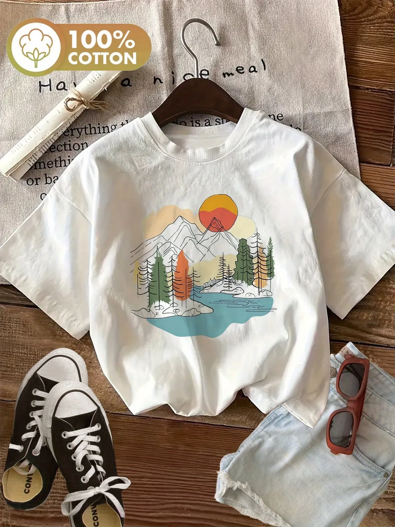 Grafisches Damen-T-Shirt aus 100 % Baumwolle mit Berglandschaft-Grafik und Wald, Harajuku, lässiges Alltags-Shirt für Damen und Mädchen