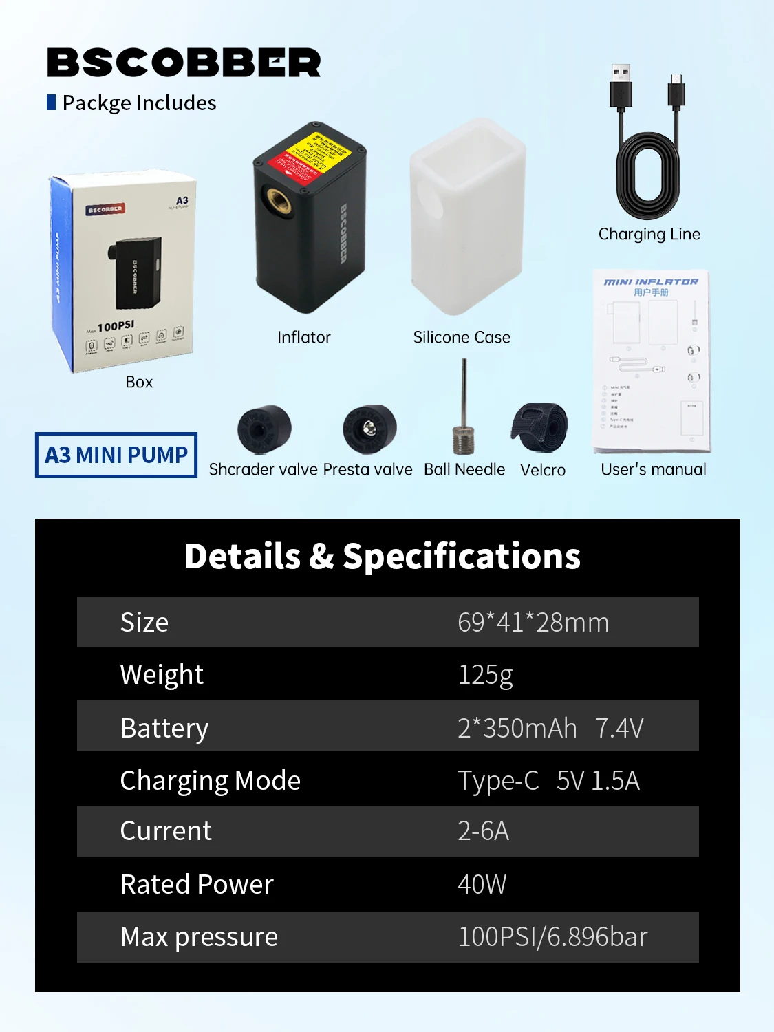Bicycle Air Pump 100PSI Portable Tire Inflator Bike Acccessories Tire Inflator A