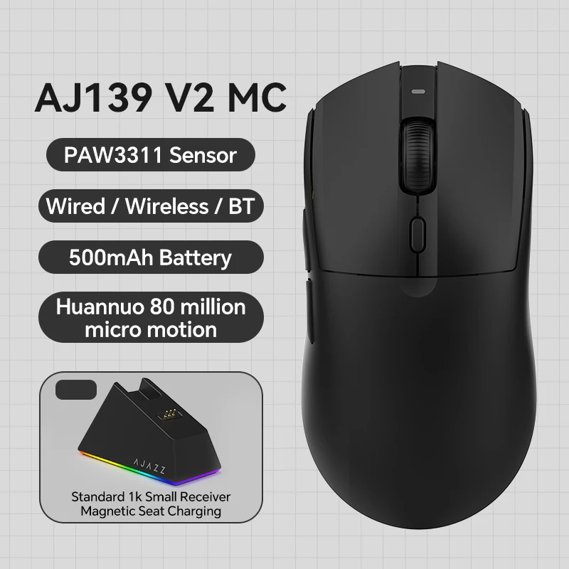 AJAZZ AJ139 V2 MC PAW3311 ماوس ألعاب لاسلكي مع قاعدة شحن مغناطيسية RGB 24000 ديسيبل متوحد الخواص بلوتوث/فئران سلكية، ألعاب الكمبيوتر