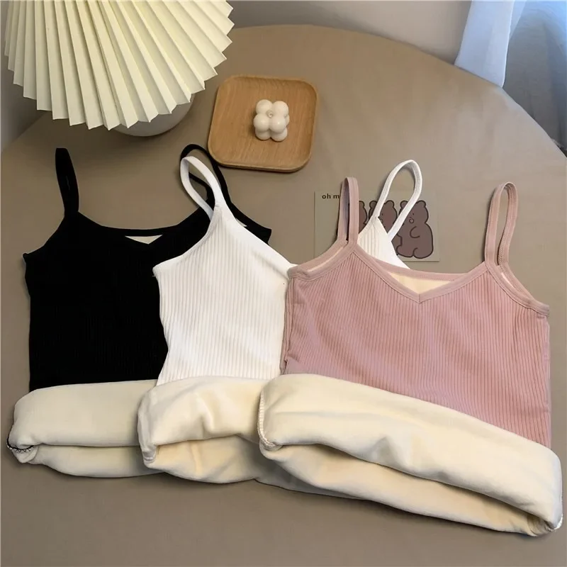 여성 겨울 따뜻한 속옷 단색 열 캐주얼 잠옷 섹시한 탄성 여성 얇은 벨벳 티셔츠 민소매 탑