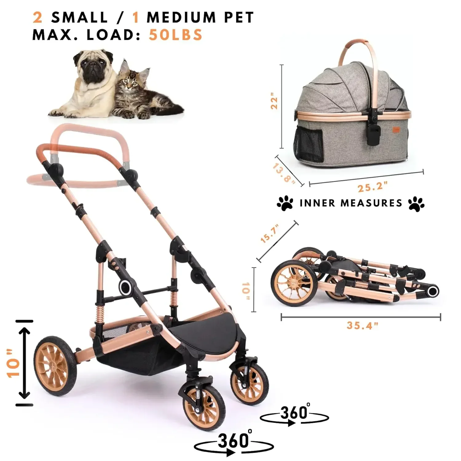 Pet Stroller with 4 Wheels Foldable Pet Travel Carrier for Small/Medium Dogs Cats Up To 50lbs Detachble Portable Bag
