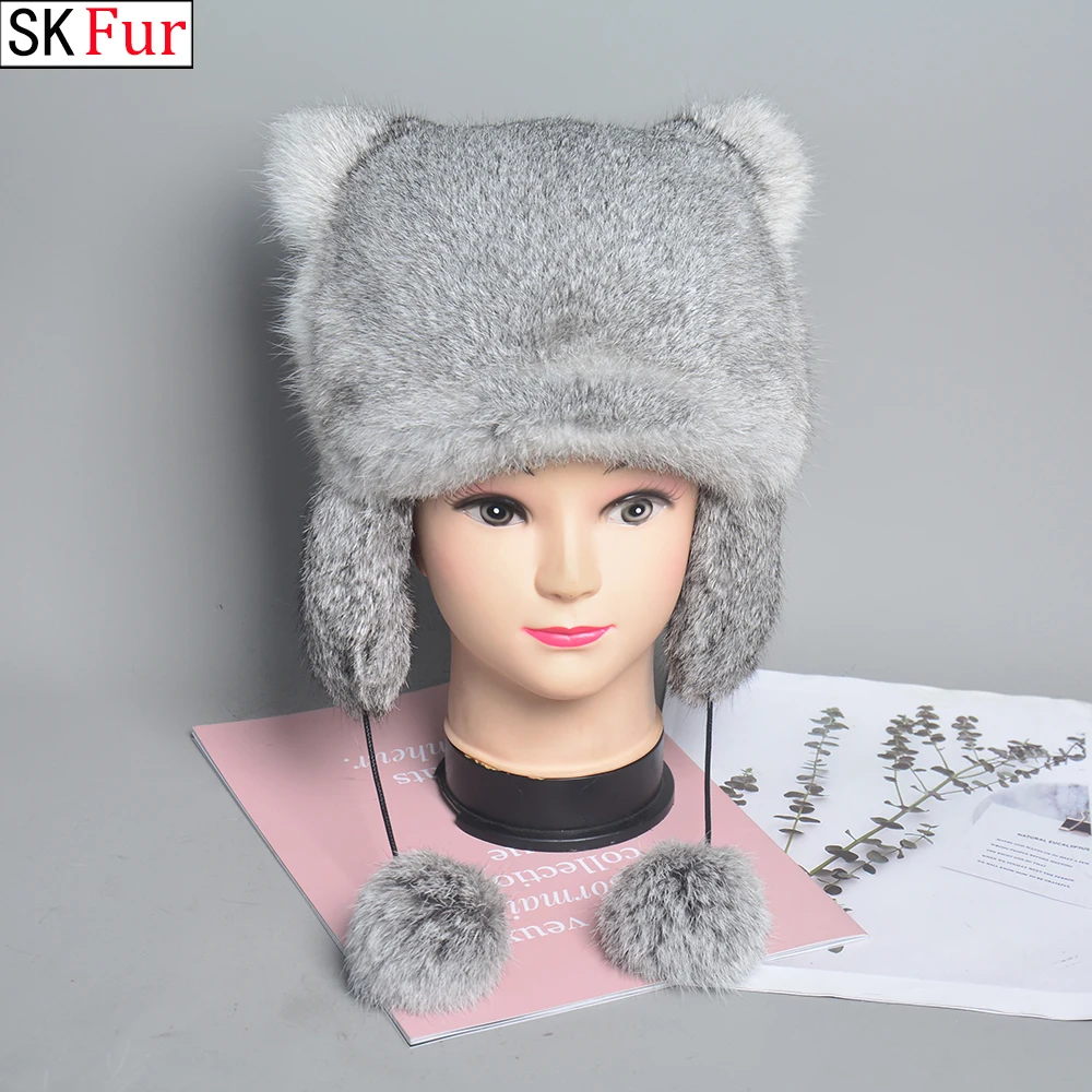 

2024 New Fashion Brand Women Real Rabbit Fur Bomber Pom Pom Hats Winter Lady Warm Fluffy Rabbit Fur Hat Natural Rabbit Fur Caps