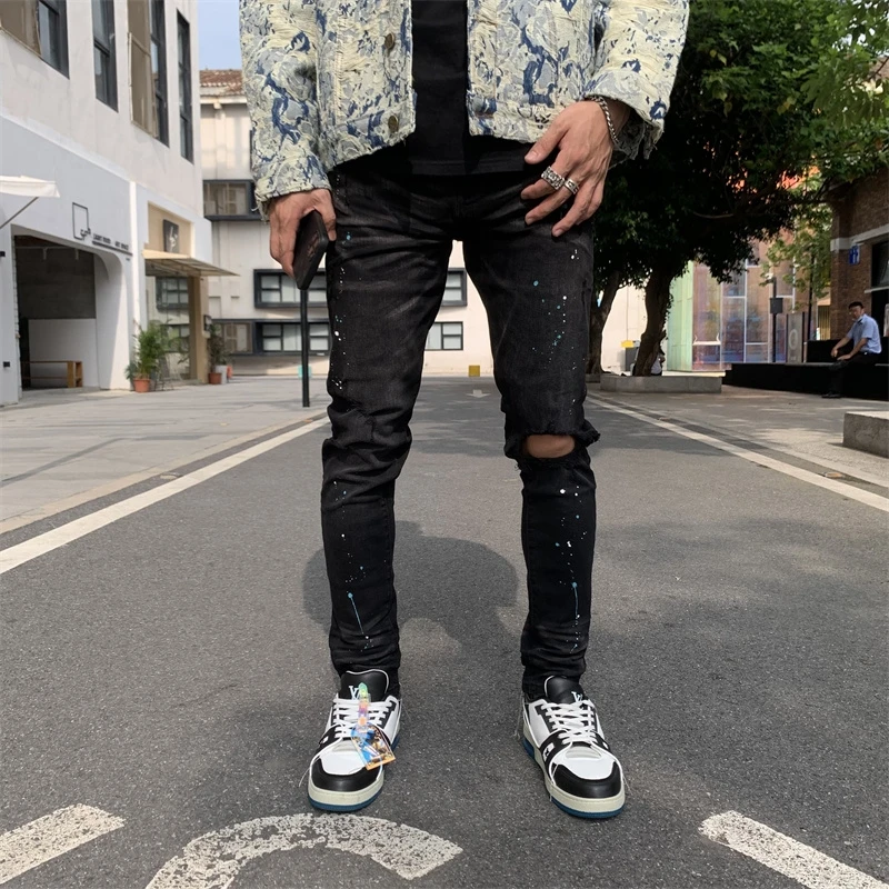 

New Design High Street Fashion Men Jeans Knee With Hole Black Ink Slim Fit Ripped Jeans Men Hip Hop Casual Denim Pants