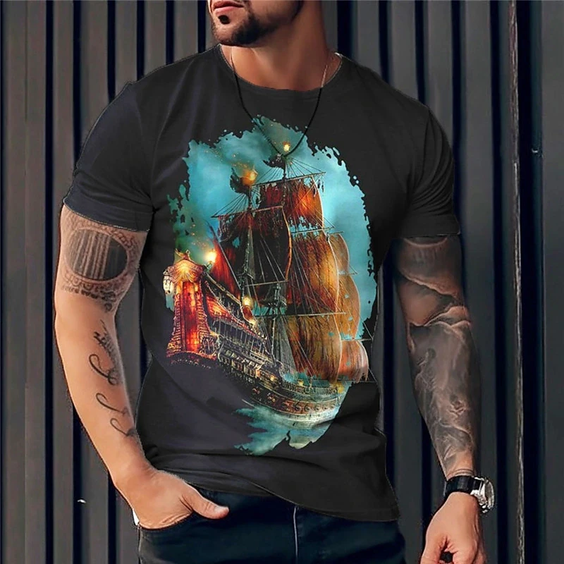 Summer Men‘S T-Shirt 3d Sail Boat Print Tops Tees Hip Hop Short Sleeve Pullover Street Oversized Tee Shirt Male Clothing 2023