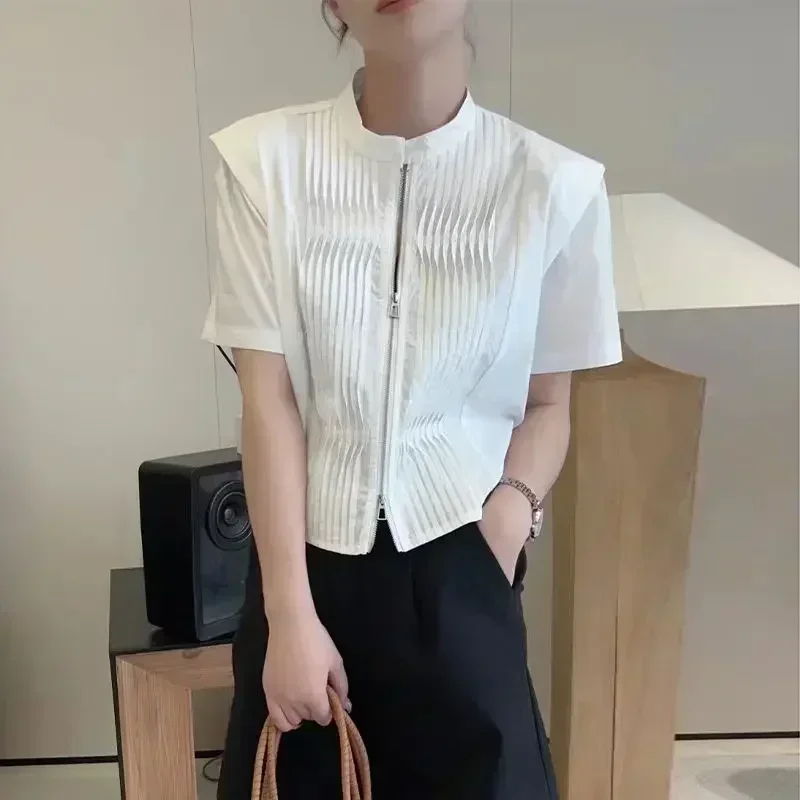 FA647 2024 Summer New Women's Short sleeved T-shirt with Unique Design, Folded Zipper Round Neck Short sleeved Top 3