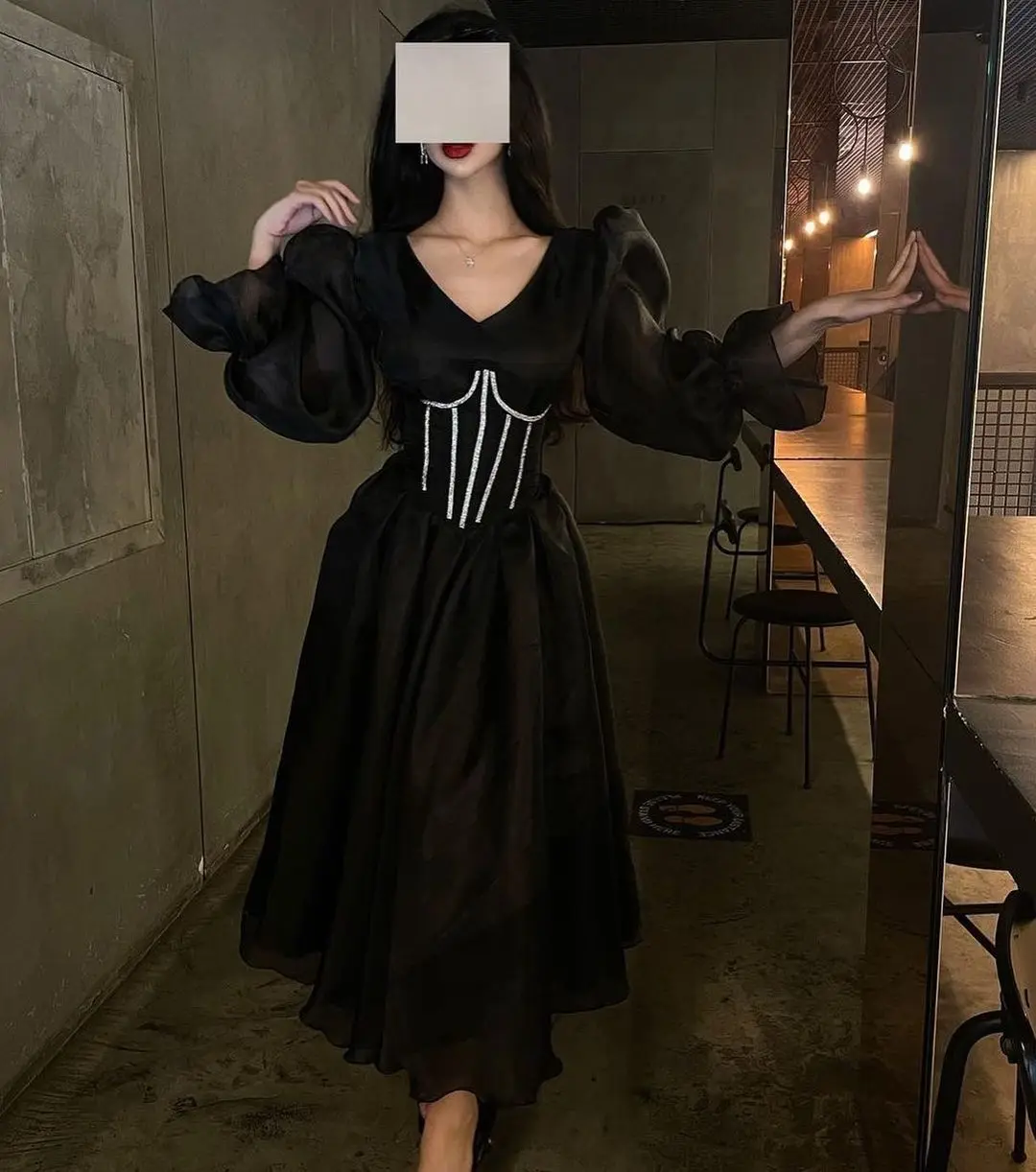 

Black Organza Evening Dresses Long Sleeves Birthday Party Gown A-Line Formal Prom Dress For Women Simple 2023 Ankle Length