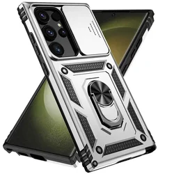 Rotating Slide Camera Lens Military Grade Armor Phone Case with Stand Cover - Galaxy S20 FE (Silver)