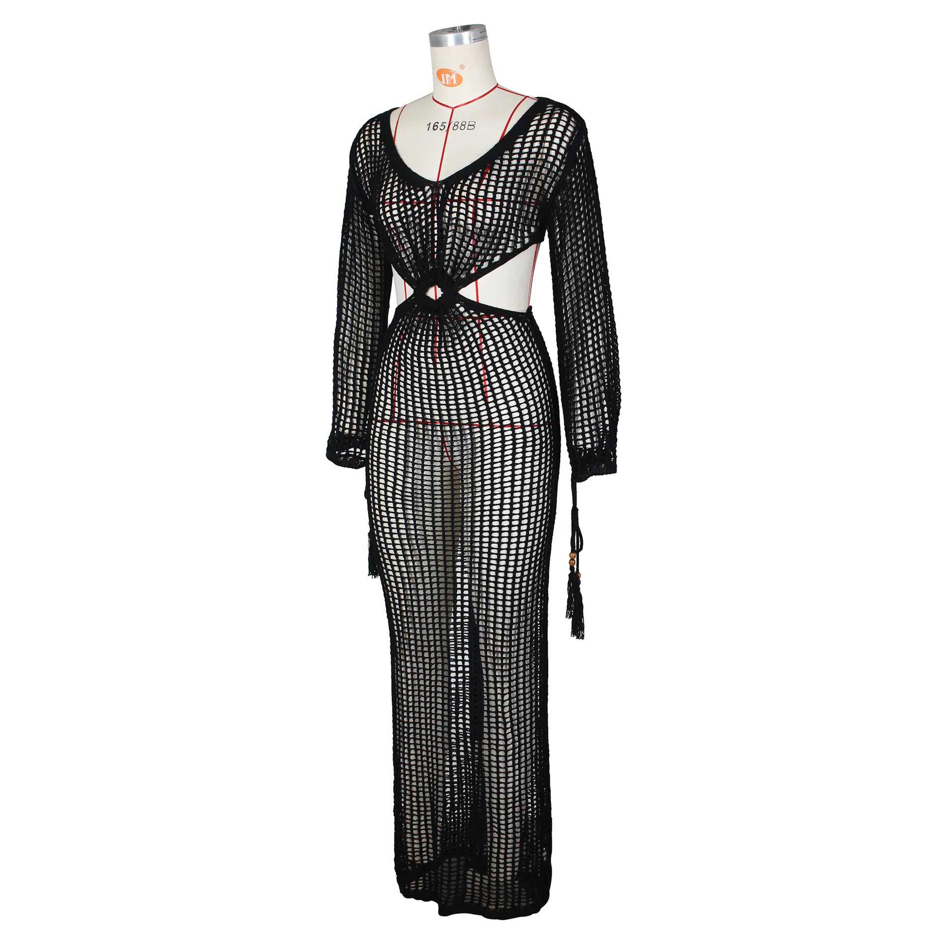 DEKA Women Knitted Backless Cover Up Swimsuit Long-sleeved Crochet Hollow Out Dress Summer Beach Vacation Outfit Beach Dress