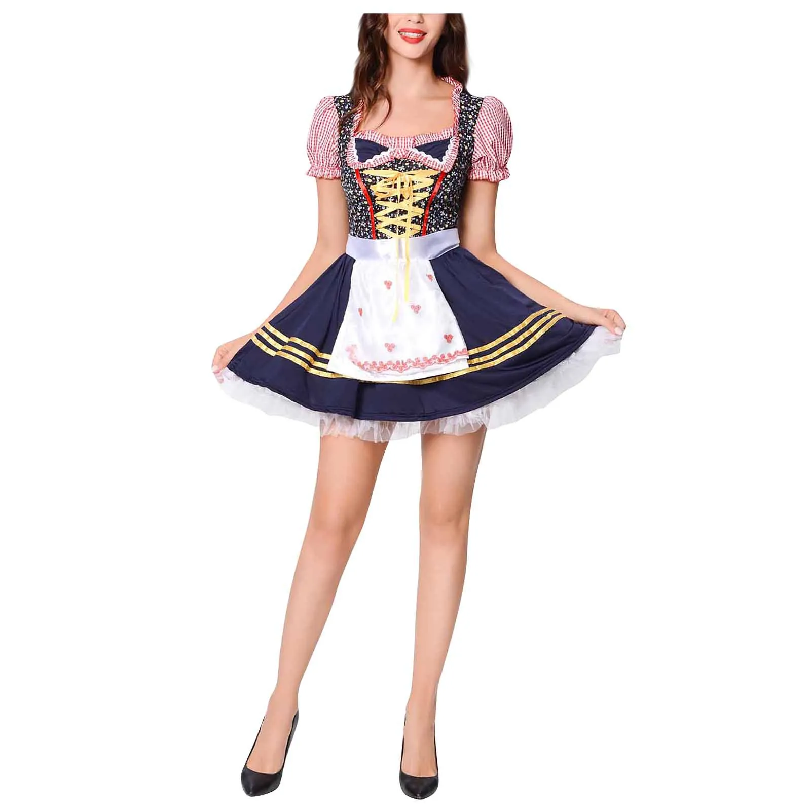 

Clothing Woman Slim Fit Casual Fashion Plaid Print Breasted Germany Oktoberfest Stage Performance Costumes Simple Dress Vestidos