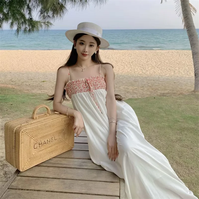 

Women Dress Summer Floral Spaghetti Strap Boho Holiday Beach Long Dress A-Line High Waist Casual Sexy Backless Vestidos