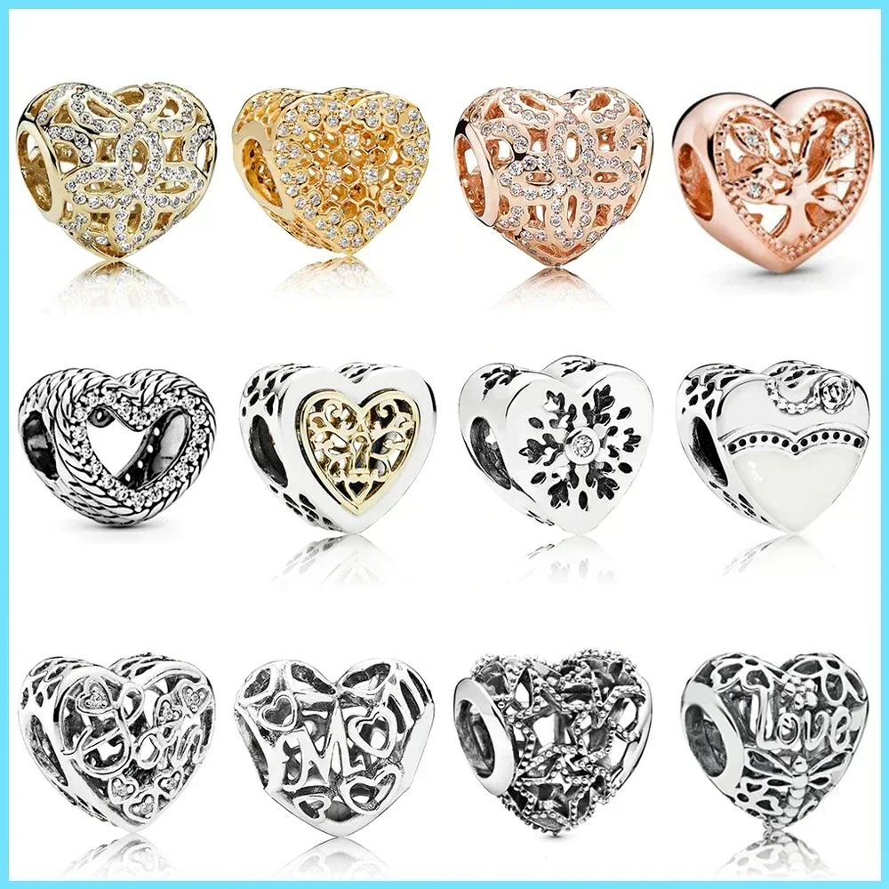

Pan S925 Sterling Silver Promise Love Key Mind Double Love-shaped Hollow You Style String Pendant DIY Original Beads