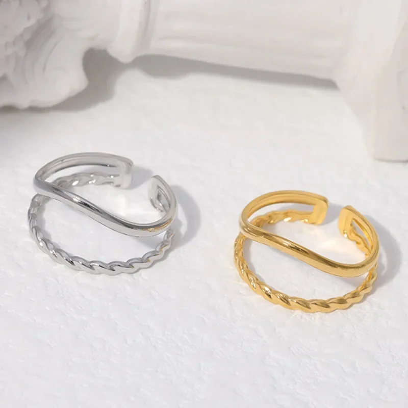 Stainless Steel Double Layers Geometric Rings for Women Girls Gold Color Fashion Open Rings Wedding Party Jewelry Gifts