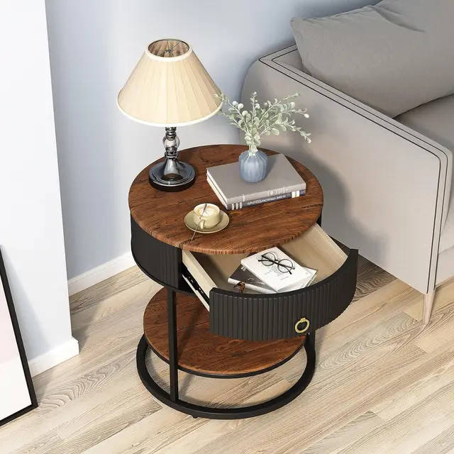 Round End Table with Drawer, Modern Wood Grain Side Table with Shelf, 2-Tier Nightstand with Drawer for Living Room, Bedroom 2