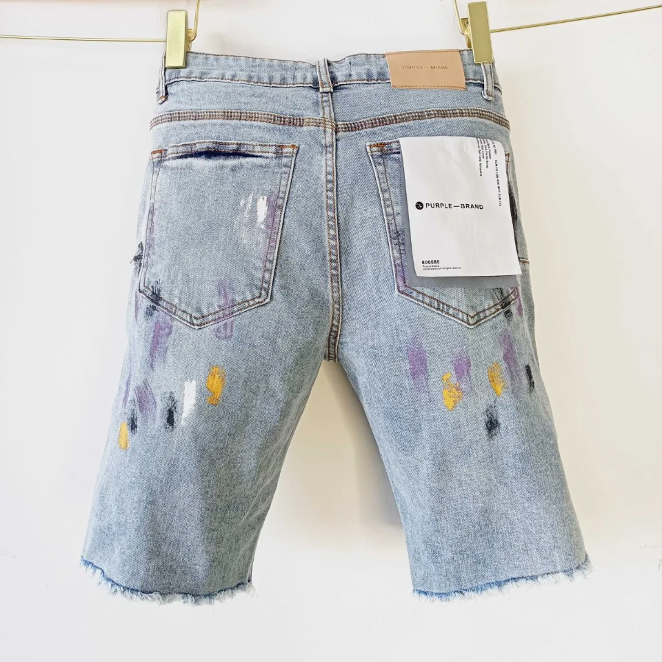 

Purple brand jeans Street trend men's fur edge splashing ink paint men's slim fit and hole patch denim shorts pants