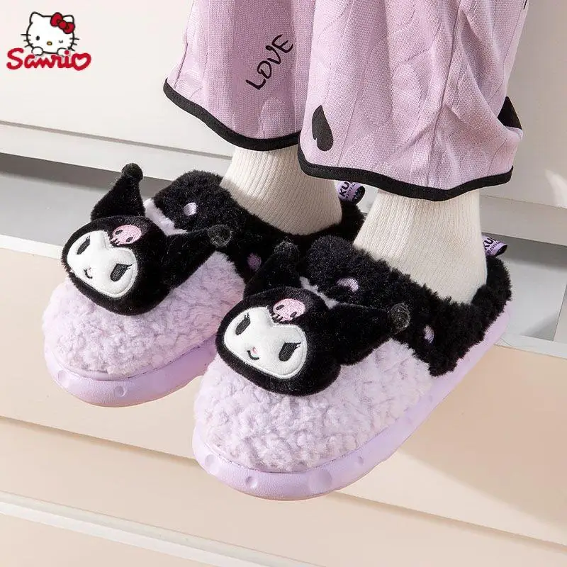 

New Kawaii Sanrios Hello Kitty Kuromi Winter Slippers Shoes Plush Toys Cotton Indoor My Melody Warm Kids Adults Christmas Gift