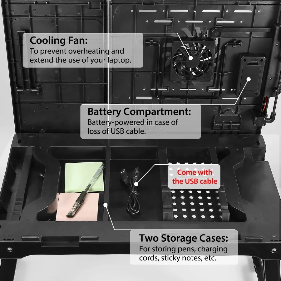 Foldable Laptop Table Bed Notebook Desk with Cooling Fan Mouse Board LED light 4 xUSB Ports Breakfast Snacking Tray 5