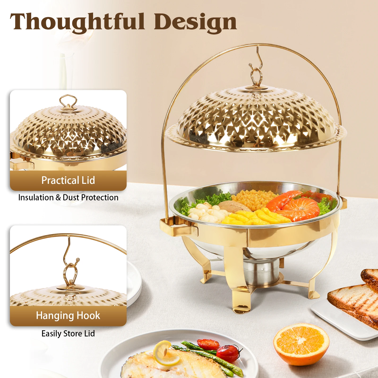4Pcs Round Buffet Chafer Wear Resist Hanging Lid Dining Stove Large Capacity Countertop Warming Tray for Family Gathering Party