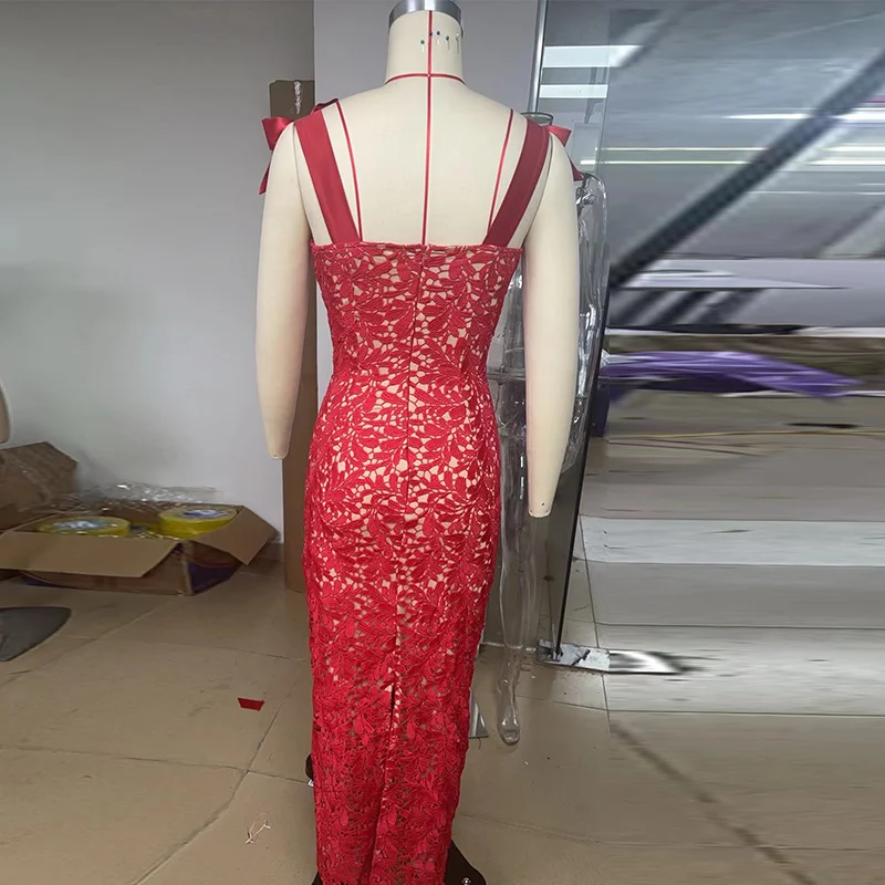 Sexy Red Hollow Out Long Party Dress Women Lace Up Slim Hip Package Sleeveless Dresses 2025 Lady Christmas Evening Robes New