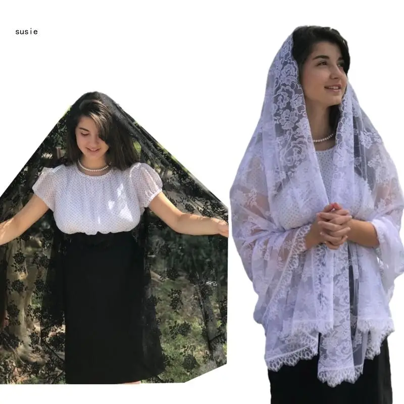 

X7YA Woman Lace Trim Sheer Shawl for Wedding Church Summer Travel Breathable Shawl with Floral Pattern Hot Weather Supplies