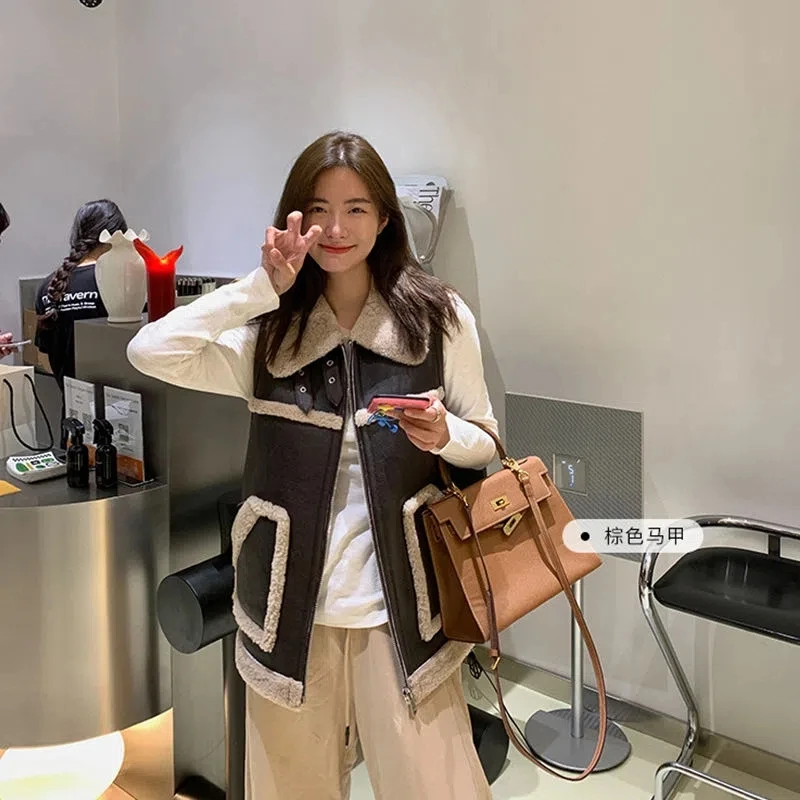 

Vintage Casual Waistcoat Women Sleeveless Patchwork Vest Coat Female Autumn Winter Lapel Zipper Pocket Gilet Femme