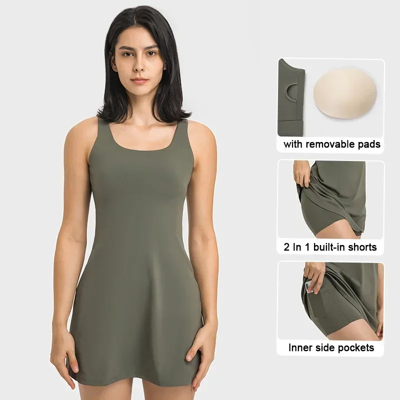 Tennis Dress Women Summer Workout Golf Dress Built-in Bra & Shorts With Inner Pockets Sleeveless Athletic Dresses