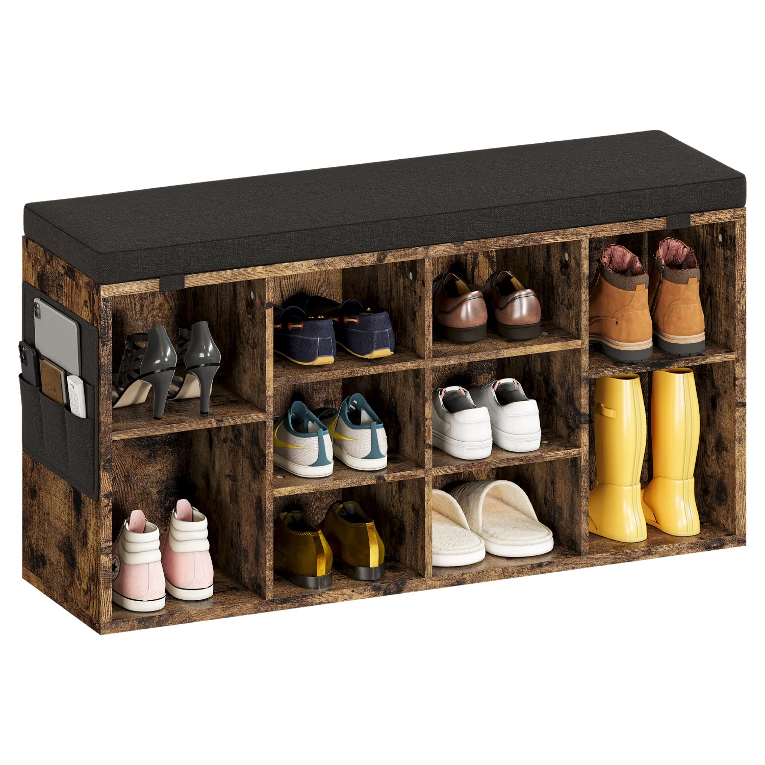 Schuhbank mit Kissen, Schuhaufbewahrungsbank mit 10 Fächern und verstellbaren Regalen, Eingangsbank für Schlafzimmer und Wohnzimmer – Detail 11
