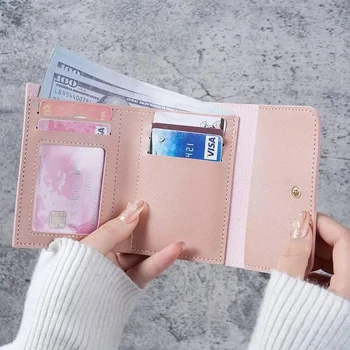 Portafoglio corto da donna alla moda, ultra sottile, triplo piega, superficie liscia, porta carte multifunzionale, clip per biglietti per studenti
