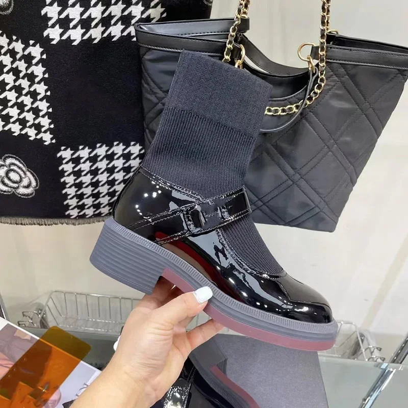 

Женские ботинки на платформе с круглым носком, черные удобные вязаные чулочно-носочные туфли до середины икры, прочные однотонные ботинки для весны и осени