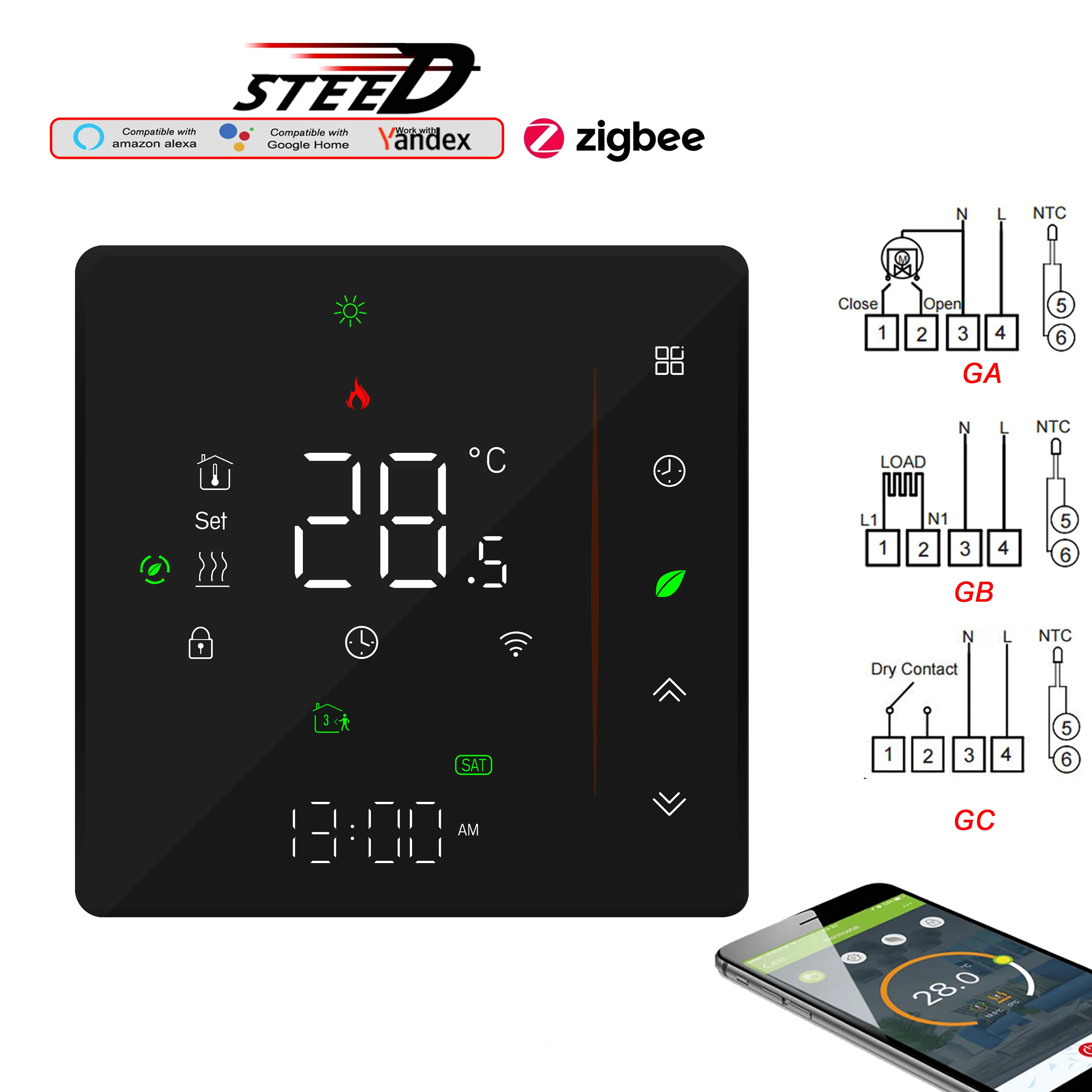 

Умный термостат Zigbee Wi-Fi для электрического нагрева, клапанов ОВКВ, сухих контактов бойлера, черный, серый, белый, дополнительные панели управления