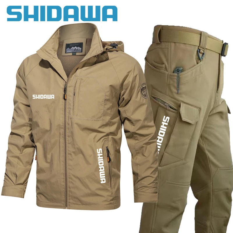 

Men's Spring Autumn Thin Fishing Suits Tactical Windproof Hooded Jackets Waterproof Pants Sets Outdoor Hiking Camping Tracksuits