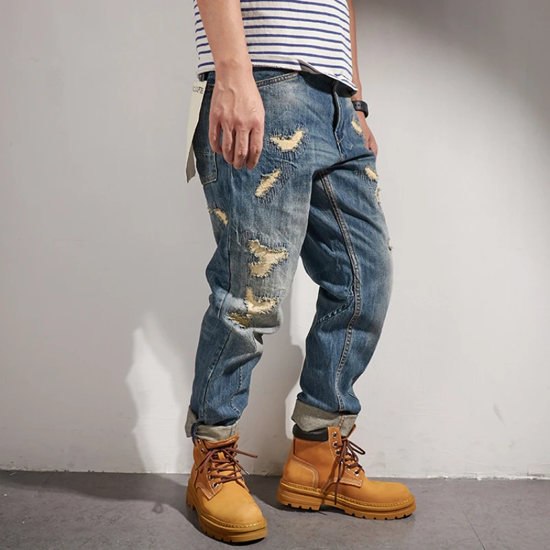 New autumn patch jeans slim straight men's 2022 new American tough guy retro casual pants