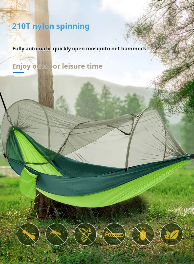Automatic quickly open with mosquito net outdoor single nylon cloth camping jackstay mosquito net hammock anti-mosquito hammock