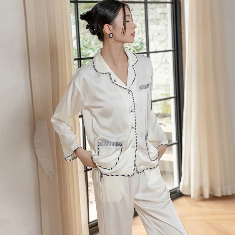 

Pajama Women's Spring Summer Ice Silk Lapel Long Sleeved Set Autumn Silk Thin Home Clothing Two-piece Set Pijamas Nightwear